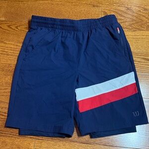 5/$25 Boys Large Wilson 2 in 1 Athletic Shorts in Navy with Red and White